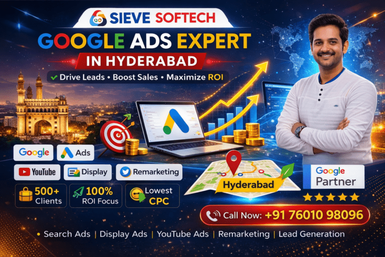 Google Ads expert in Hyderabad Sieve Softech digital marketing banner showing PPC services, ROI growth, and lead generation