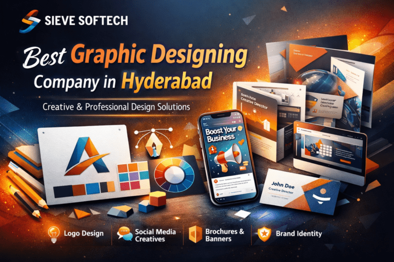 Creative graphic design services by Sieve Softech showcasing modern branding and digital marketing visuals.