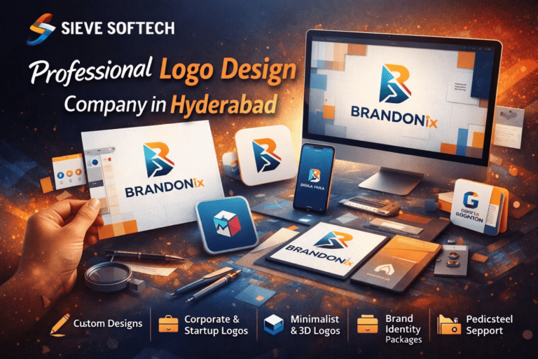Custom logo design services by Sieve Softech showing creative brand identity and modern logo concepts.