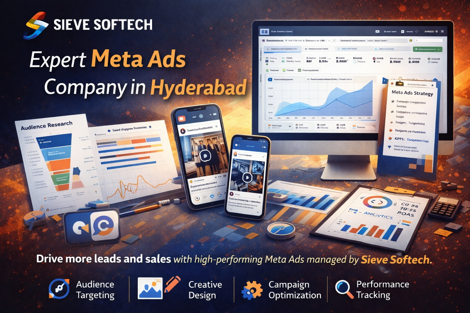 Meta Ads management services by Sieve Softech showing Facebook and Instagram advertising campaign strategy.