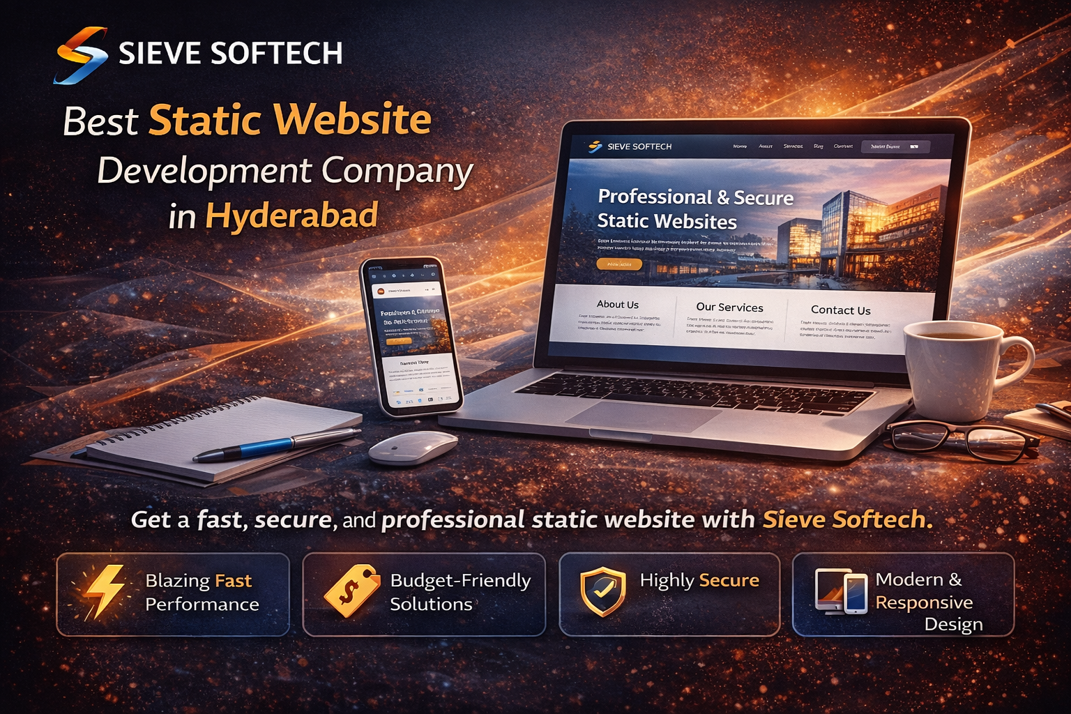 Static website development services by Sieve Softech showing fast and responsive business website design