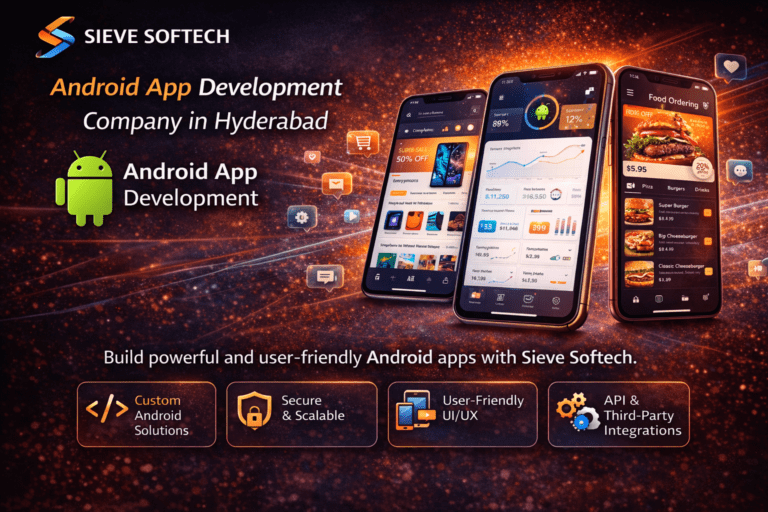 Android app development services by Sieve Softech featuring smartphones with modern mobile app interfaces and secure scalable solutions.