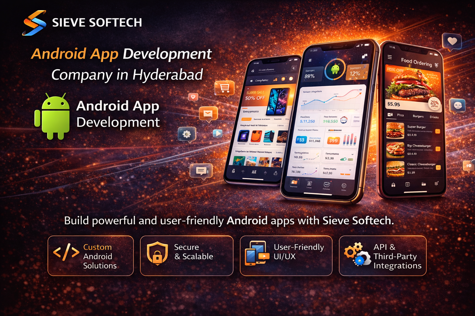 Android app development services by Sieve Softech featuring smartphones with modern mobile app interfaces and secure scalable solutions.