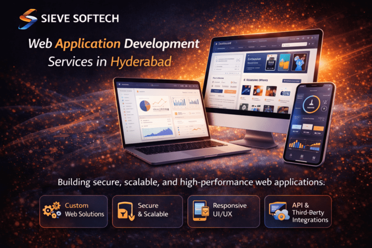Web application development services by Sieve Softech showing modern dashboard interface and scalable business web app design.