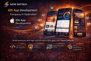Custom iOS app development services by Sieve Softech showing iPhone app interface design and modern mobile application solutions.