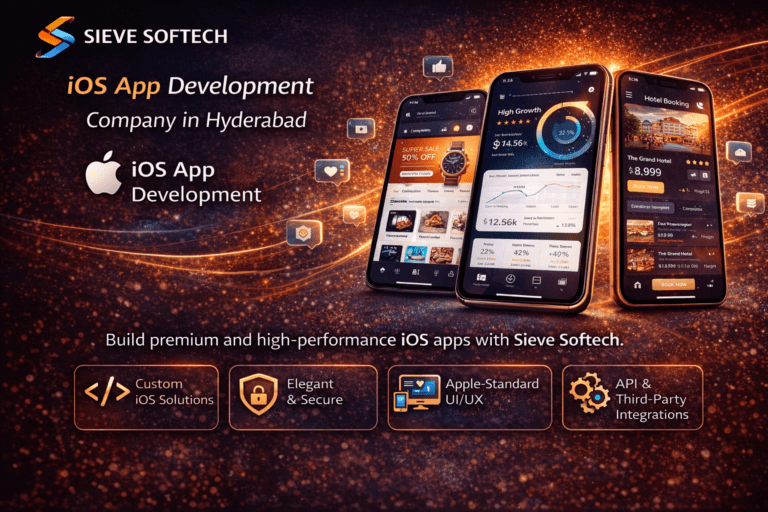 Custom iOS app development services by Sieve Softech showing iPhone app interface design and modern mobile application solutions.