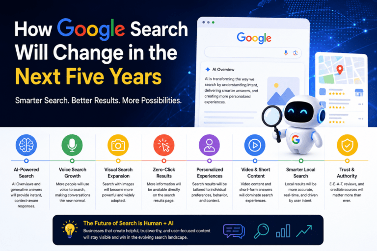 how Google Search will evolve over the next five years with AI-powered search, AI Overviews, voice search, visual search, personalized search results, local SEO, and smarter search experiences.