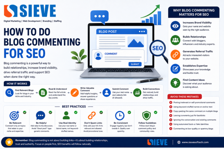 How to do blog commenting for SEO showing relevant blog research, valuable comments, relationship building, referral traffic, and SEO best practices by Sieve Softech.