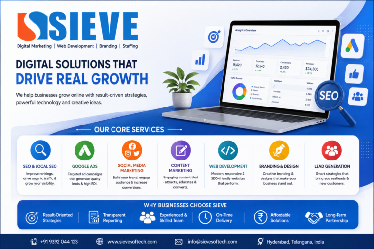 On-page and off-page SEO explained with Sieve Softech logo, highlighting content optimization, internal linking, backlinks, Local SEO, and digital marketing strategies.