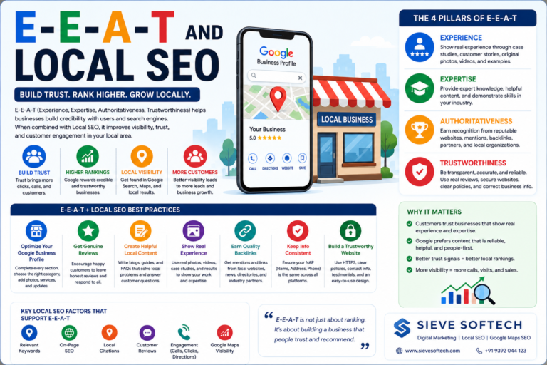 E-E-A-T and Local SEO strategy showing experience, expertise, authoritativeness, and trust for improving local search visibility.