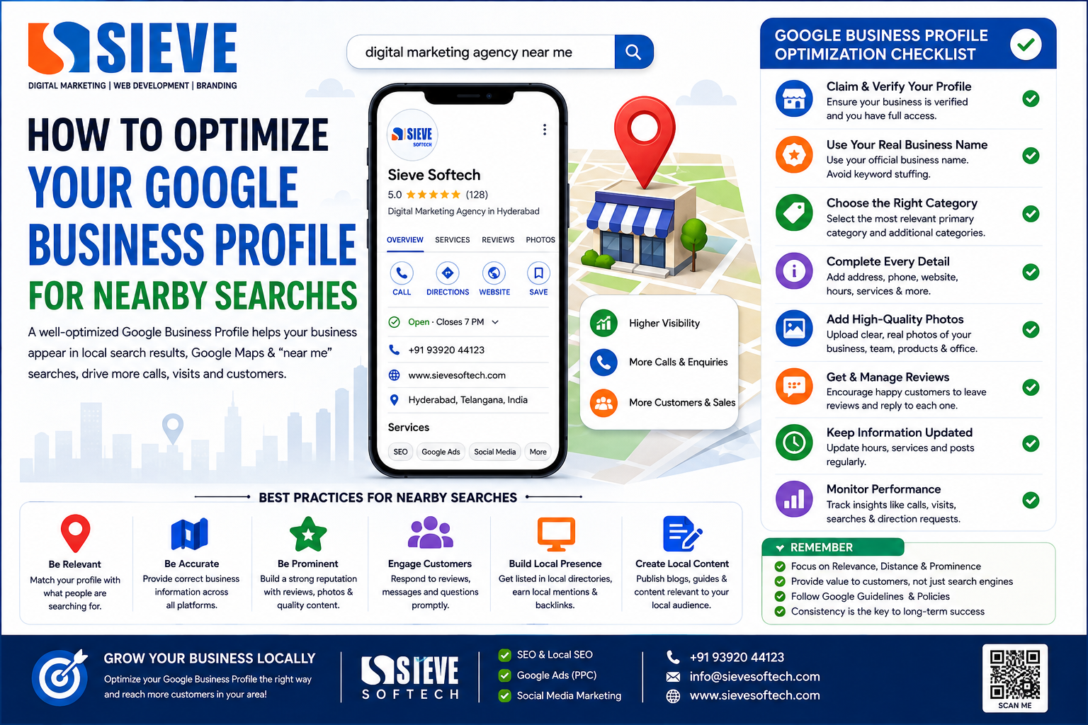 How to optimize your Google Business Profile for nearby searches with Local SEO, accurate business information, reviews, photos, services, and Google Maps optimization.
