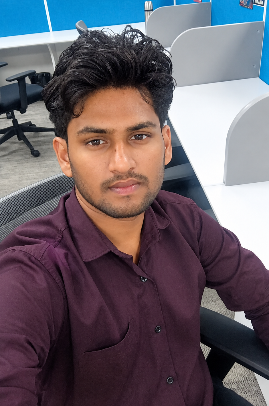 Office Selfie in a Blue Cubicle Workspace
